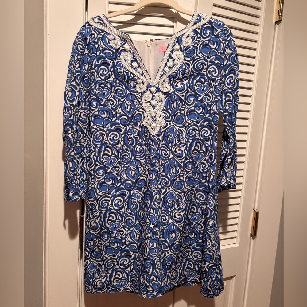 Blue and White Lilly Pulitzer Minidress with embellishments.